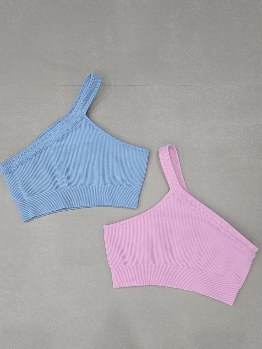 2 Asymmetric Ribbed Crop Top - Blue and Pink Size S